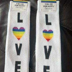 TWO (2) of Tru Equality Men's Tube Socks White & Rainbow "LOVE"  NEW with TAGS